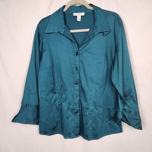 Dressbarn Woman Teal Button Down 3/4 Sleeve Blouse Size 14/16W